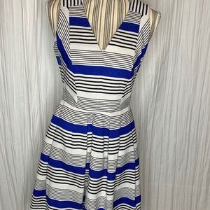 Blue and white striped fit and flair dress